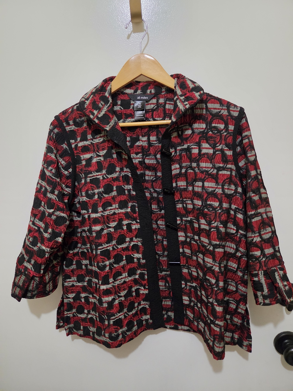 Ali Miles Womens Red, Gray and Black Patterned Open-Front Jacket- Quirky Buttons